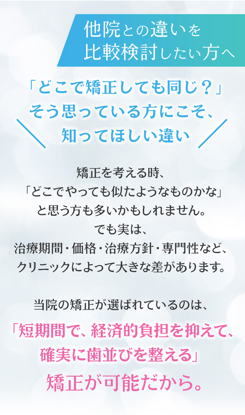 他院との違いを比較検討したい方へ 矯正はどこでも同じ？そう思っている方に知ってほしい違い 治療期間・価格・方針の大きな差