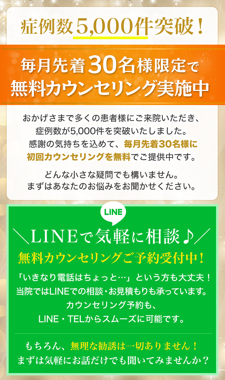 症例数5000件突破！毎月先着30名様限定で無料カウンセリング実施中