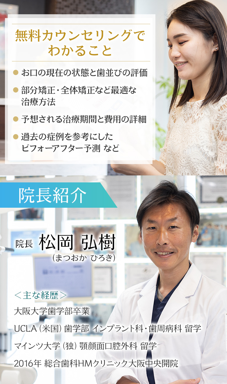 無料カウンセリングでわかることと院長紹介 松岡弘樹 総合歯科HMクリニック大阪中央院長