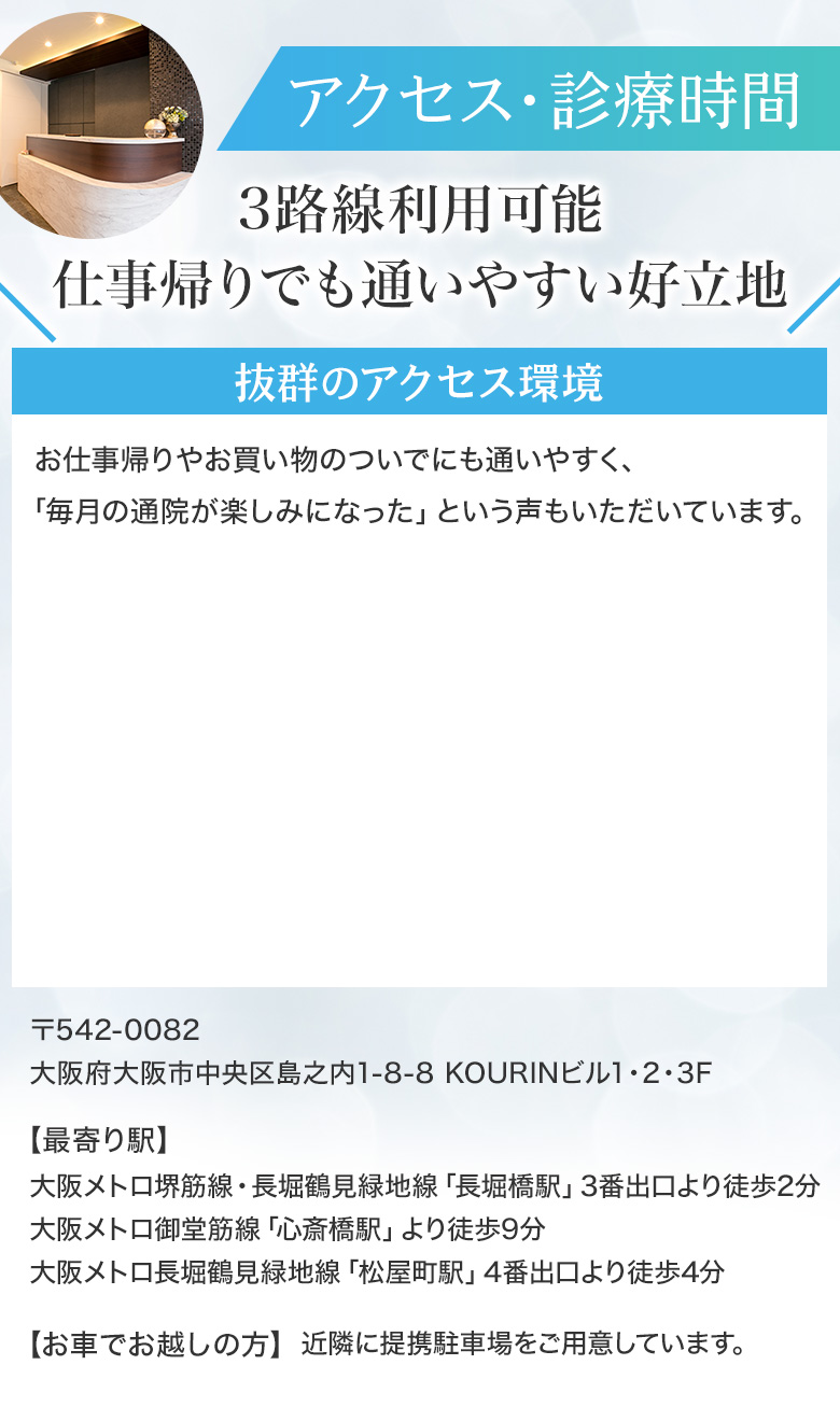 アクセス・診療時間案内。3路線利用可能で仕事帰りでも通いやすい好立地を強調。『お仕事帰りやお買い物のついでにも通いやすく、毎月の通院が楽しみになった』という声を紹介。住所：大阪府大阪市中央区島之内1-8-8 KOURINビル1・2・3F。最寄り駅：大阪メトロ堺筋線・長堀鶴見緑地線『長堀橋駅』徒歩2分、御堂筋線『心斎橋駅』徒歩9分、長堀鶴見緑地線『松屋町駅』徒歩4分。車利用は近隣提携駐車場あり。